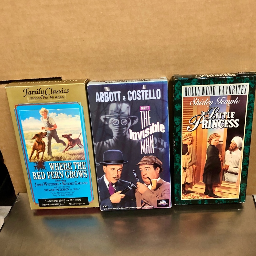 3 Classic Oldies VHS Video Tapes, Abbot Costello, Shirley Temple, Red Fern Grows